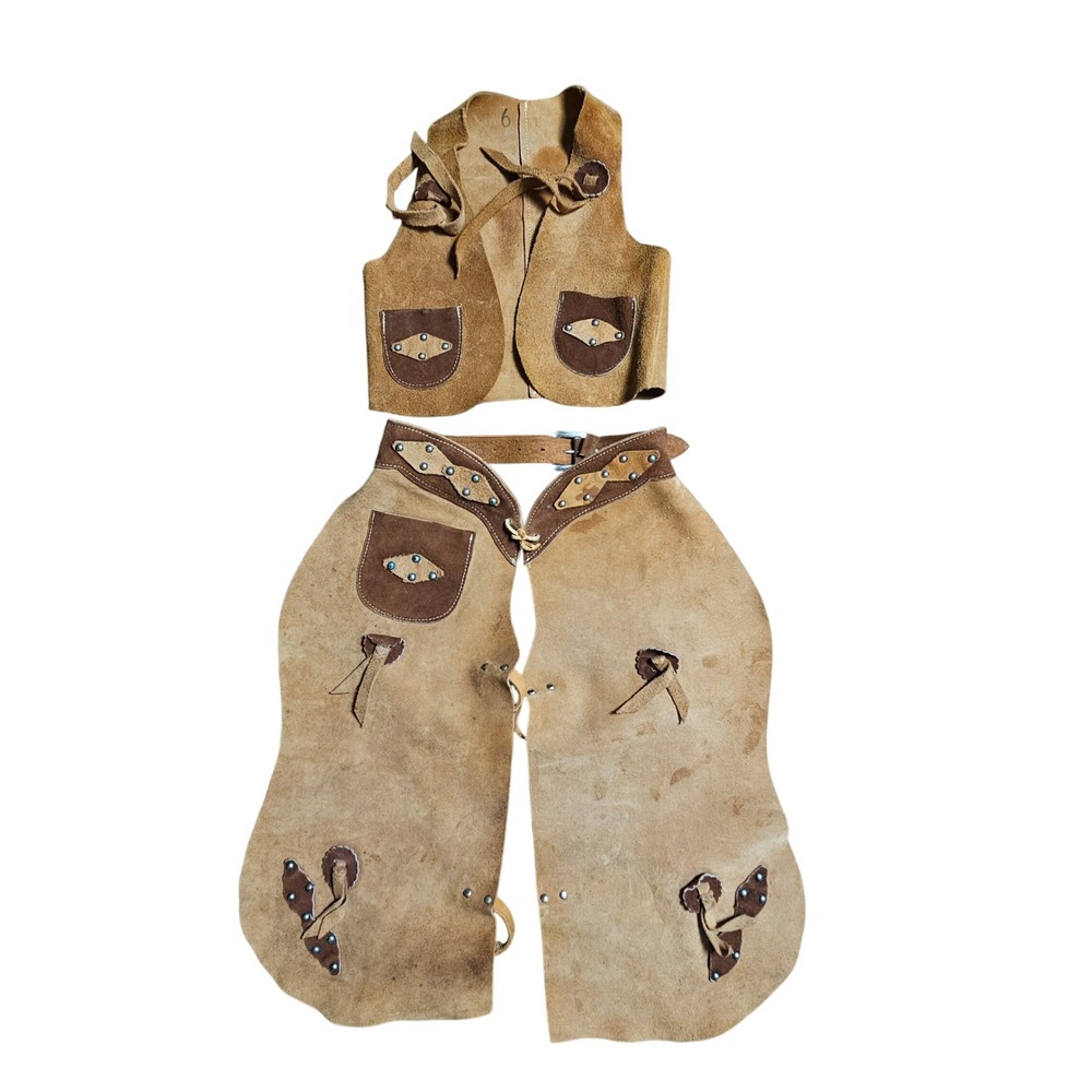 Vintage Kids Suede Leather Cowboy Costume Vest and Chaps Set Studded 6 Sheriff
